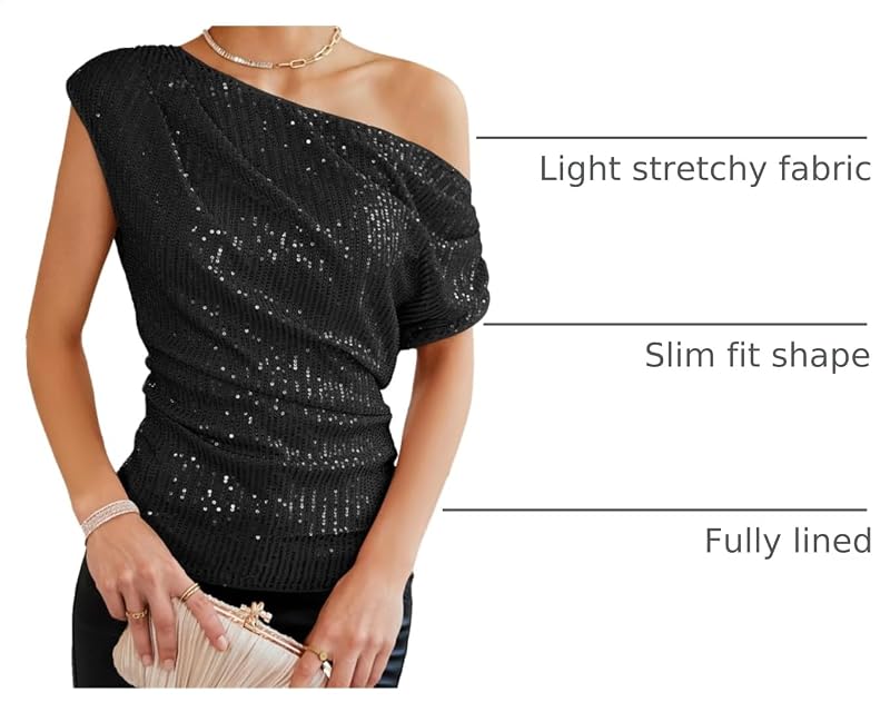Off Shoulder Sequin Top for Women - One-Shoulder Sparkly Party Top, Black XL