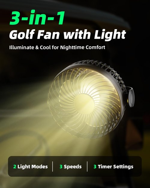 NiuWasmile Magnetic Golf Cart Fan Rechargeable,10000mAH Battery Operated Portable Fan with 3 Speeds,30H Working Time,LED Lantern,360° Rotatable Head, Fits EZGO/Club Car/Yamaha Golf Cart