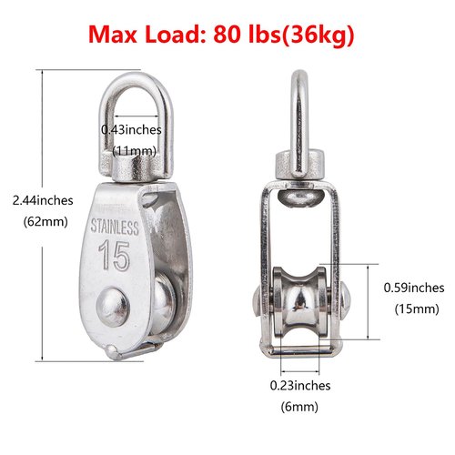 6Pcs 304 Stainless Steel M15 Single Pulley Block, Wire Rope Hanging Wire Towing Wheel, with 6Pcs Spring Snap Hook