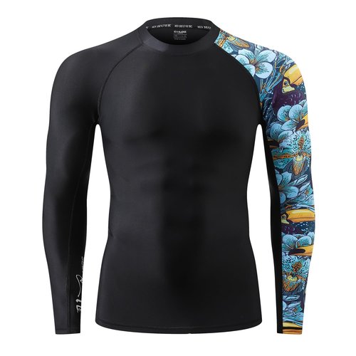 HUGE SPORTS Men's Splice UV Sun Protection UPF 50+ Skins Rash Guard Long Sleeves(HeyToucan, XL)