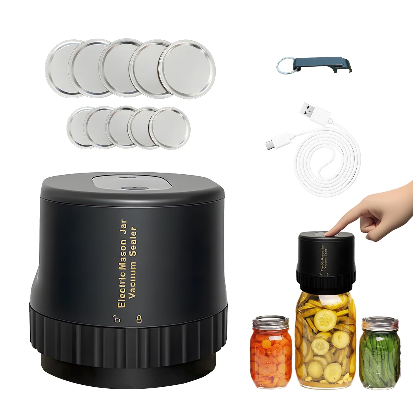 HAPIGO One-Touch Automatic Vacuum Food Sealer Machine for Cans Mason Jars Containers USB Rechargeable Portable Electric Air Sealer for Home Use & Food Preservation Your Kitchen's Best Friend