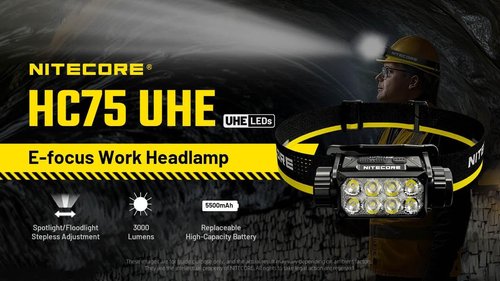 Nitecore HC75 UHE + 2X Extra NL2153HP HC75 UHE Rechargeable E-Focus Spotlight Floodlight Headlamp 192m Beam -3000 Lumens (Upgrade of HC68) w/ 2X Extra Battery and Eco Sensa USB-C Charging Cable