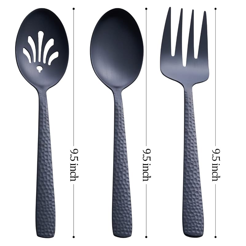 Matte Black 2 Spoons & 2 Slotted Spoons & 2 Forks Serving Utensil Set (FULLYWARE) - 9.5" Heavy-Duty 18/0 Stainless