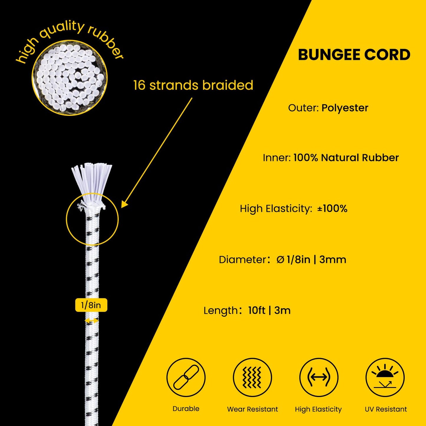 Brotree Marine Grade Bungee Cord 1/8" x 10ft - Elastic Shock Cord 100% Stretch Rope Heavy Duty for Kayak, Tent Pole, Tarp, Tie Down - White&Black