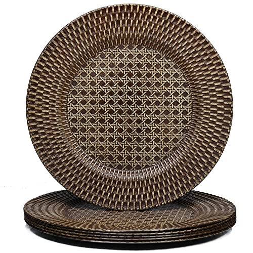 Brown Faux Rattan Charger Plates Set of 6 Rustic Round Dinner Chargers for Events