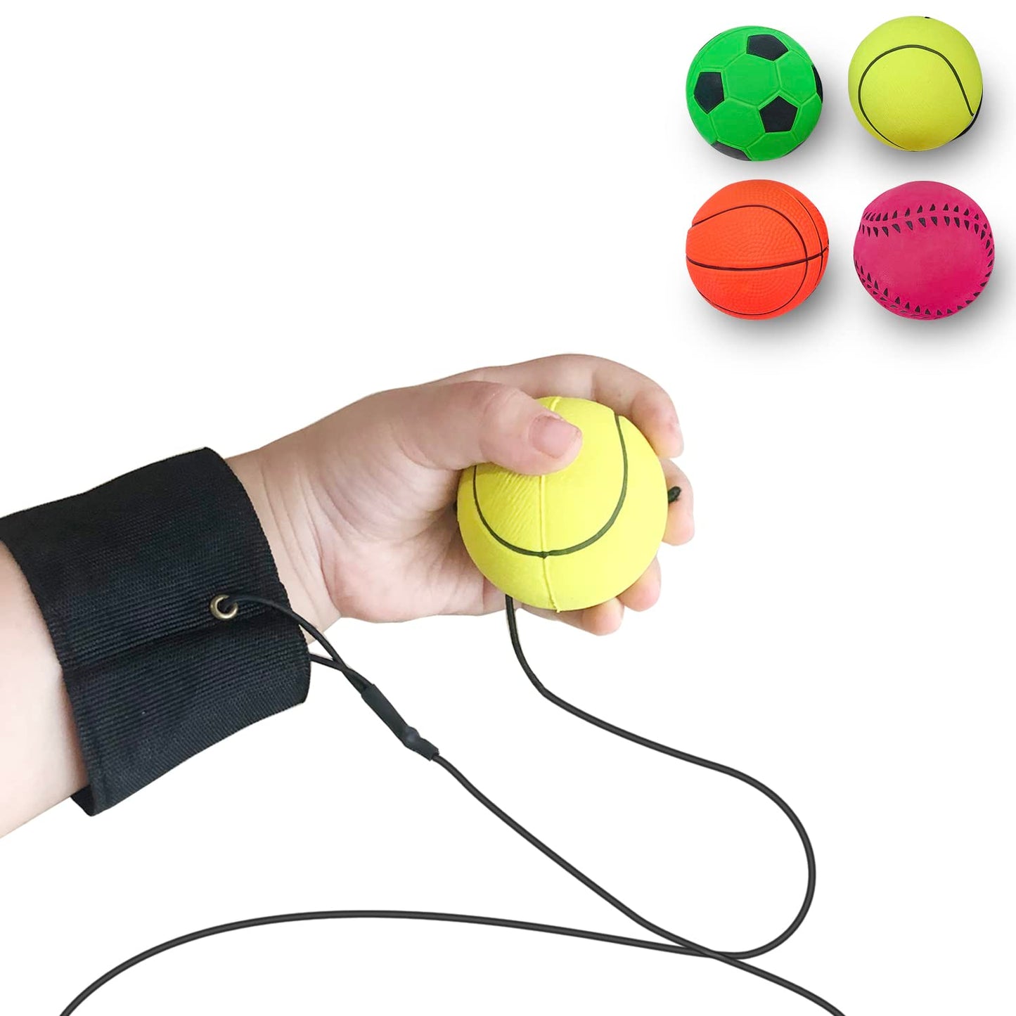 ZUYEE Wrist Return Ball 1.85 Inch Sports Wrist Balls On A String Rubber Rebound Balls (Basketball, Baseball, Soccer) Wristband Toy for Children Kids Gift Exercise or Play (4 PCS)
