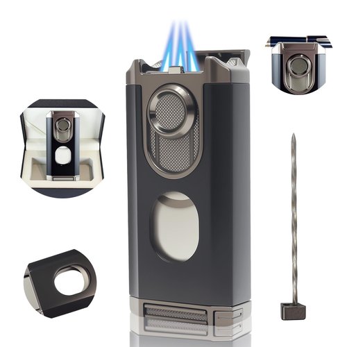 5-in-1 Windproof Torch Lighter with Cutter, Punch, Holder, Draw Enhancer Tool, 3 Jet Flames Butane Lighter Accessories Gift for Men (Butane not Included) (Black)