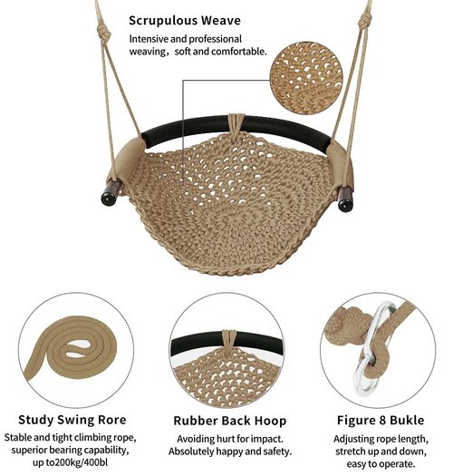 ROPECUBE Hand-Knitting Toddler Swing, Swing Seat for Kids with Adjustable Ropes, Little tikes Swings Set, for Outdoor Indoor, Playground, Backyard (Light Brown)