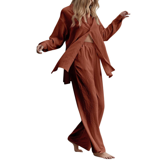 2 Piece Summer Outfits for Women Plus Size Cotton Linen Lounge Pants Sets Long Sleeve Button Shirt Casual Outfits