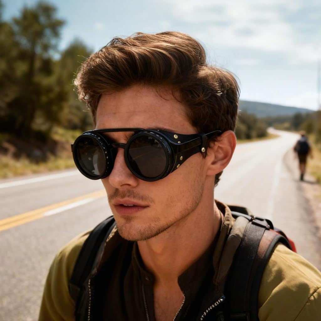 Adjustable Tint Sunglasses, 9-Level Manual Dimming, Polarized UV Protection, Detachable Leather Side Shields, Round Steampunk Style, Ideal for Hiking, Mountaineering, Glacier Travel, and Fishing