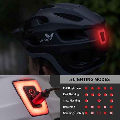 Veltuno Bike Helmet for Adults, Lightweight Mountain Bicycle Helmet with USB Rechargeable LED Rear Light, Removable Sun Visor for Women, Men, Suitable for Cycling and Commuting (Black, Large)