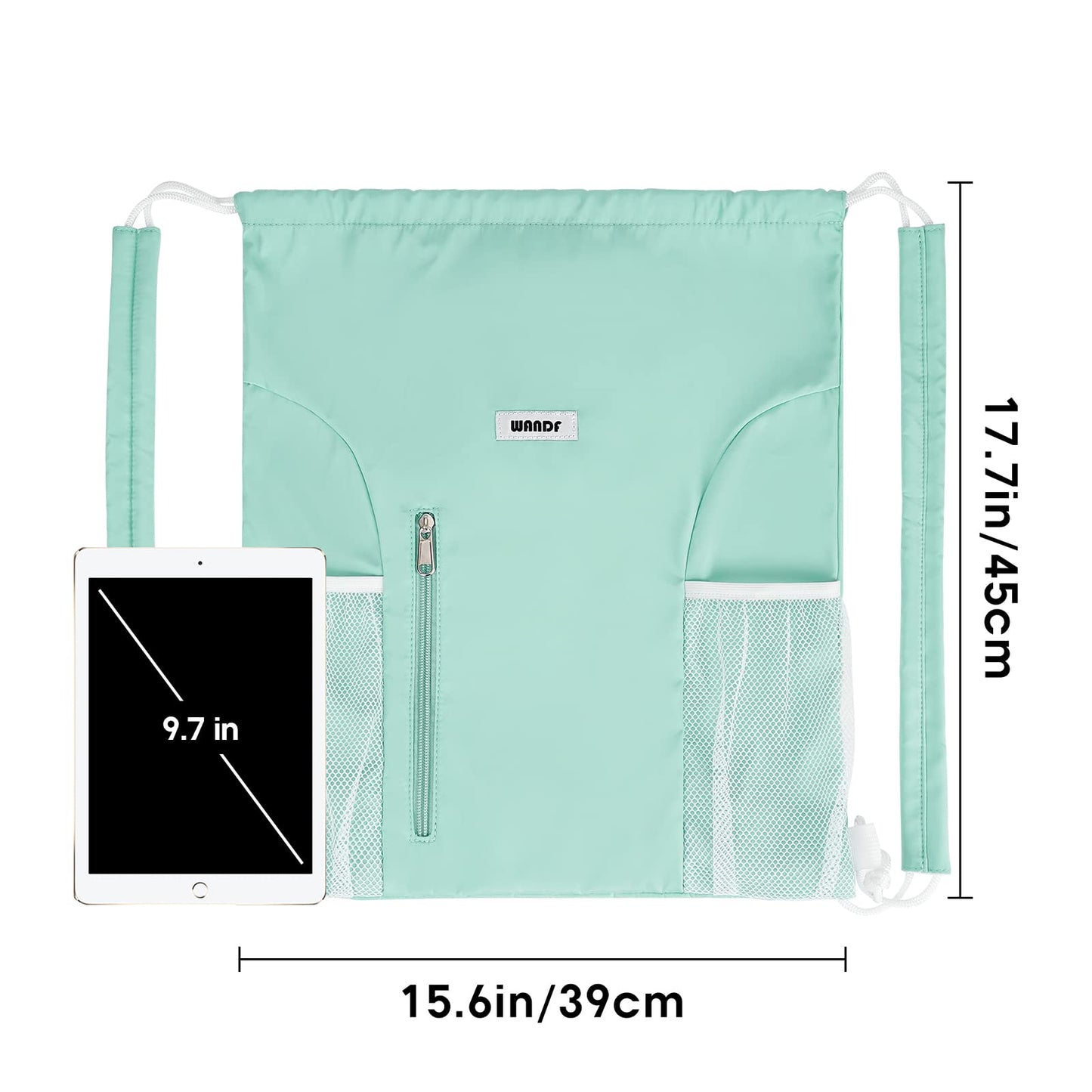 WANDF Drawstring Backpack with Shoulder Pad Sports Gym Backpack with Mesh Pocket String Bag for Women Men(Mint green)