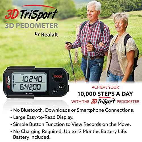 Realalt 3DTriSport Walking 3D Pedometer with Clip & Strap, eBook Included 30 Days Memory Accurate Step Counter, Walking Distance Miles/Km, Calorie Counter, Daily Exercise Time Monitor
