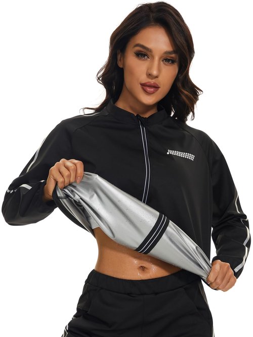 LAZAWG Women Sauna Suit Long Sleeve Lightweight Zipper Workout Women Sweat Suits for Gym Running Fitness Exercise