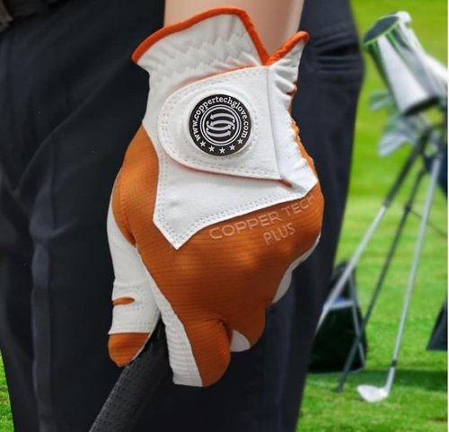 Copper Tech Plus Men's Left for Right Handed Golfers Golf Glove – Advanced Compression for Muscle Support, Joint Relief – White/Orange, 1 Pack, One Size Fits Most