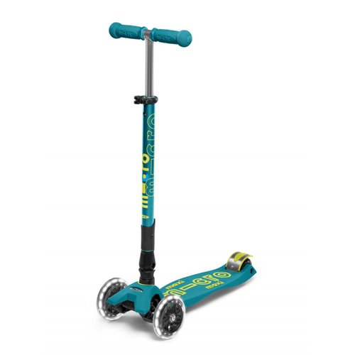 Micro Kickboard - Maxi Deluxe Foldable LED - Three Wheeled, Lean-to-Steer, Fold-to-Carry Swiss-Designed Micro Scooter for Kids with Motion-Activated Light-Up Wheels for Ages 5-12 (Petrol Green)