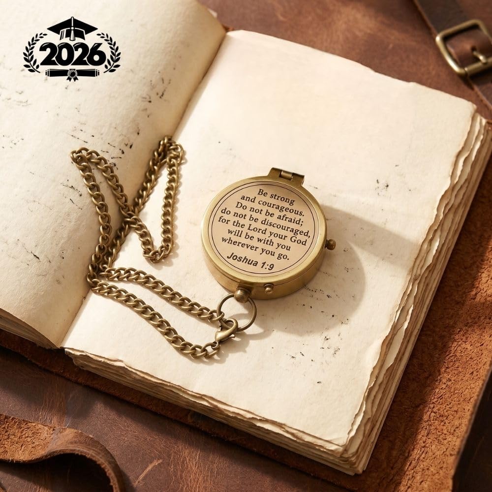 Be Strong and Courageous Compass – Joshua 1:9 Scripture Engraved – Solid Brass Pocket Compass with Leather Case – Christian Gift for Men, Son, Husband, Graduation, Travel Keepsake