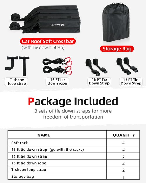 Abahub Soft Roof Rack Pads with 2 Tie Down Straps, 2 Tie Down Ropes, 2 Hood Loops and Storage Bag, for Surfboard, Kayak, Canoe, Heavy Duty Universal Car Roof Racks System (Use Without Cross Bar)