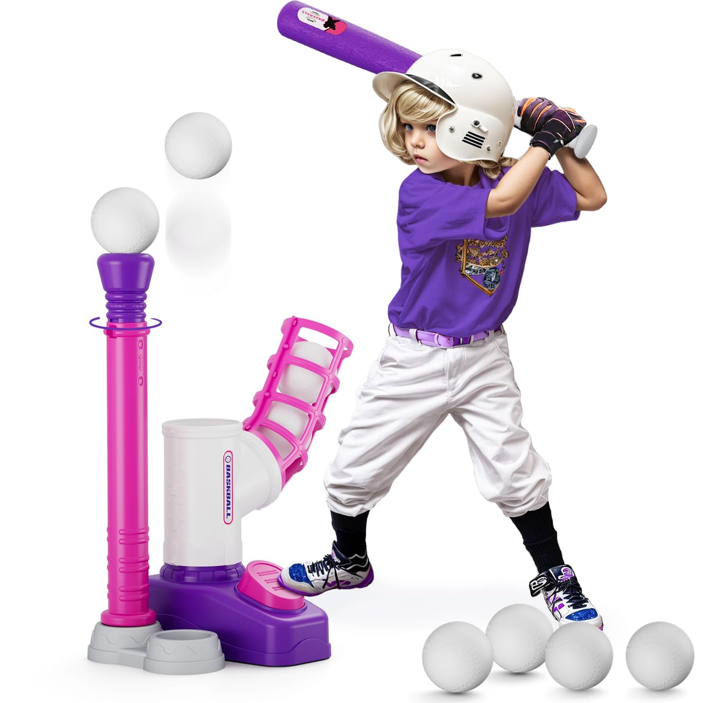HYES Tball Set for Toddlers 3-5, Tee Ball Set with Step on Pitching Machine/Adjustable Batting Tee/Retractable Baseball Bat/8 Pop Up Balls, Outdoor Sport Toy Games for Kids Girls
