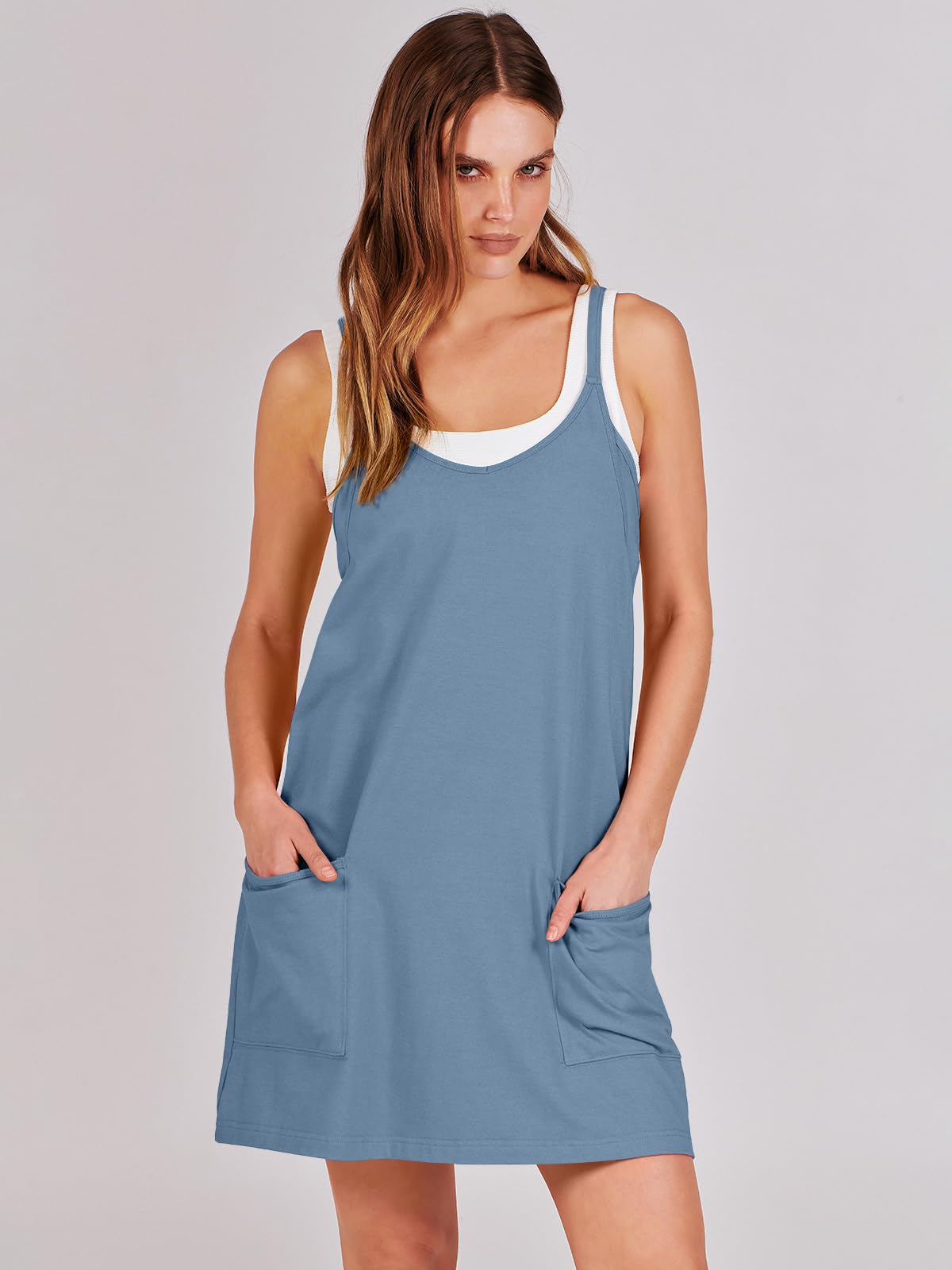 ANRABESS Women Athletic Dress Summer Tennis Workout Active Sports Mini Romper Dress Built in Shorts Travel Vacation Clothes Blue Large