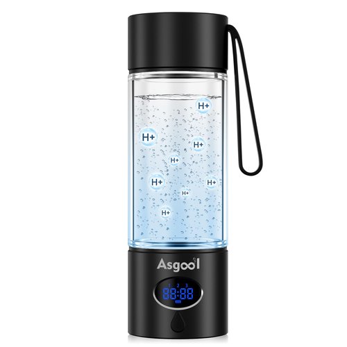 Asgool Hydrogen Water Bottle - Portable, Rechargeable, LED Timer, Aluminum and Glass, Self Cleaning, Cyclic Mode, 5000 PPB Hydrogen in 10 Minutes, for Sports, Home, Office, Outdoor (Black, 360ml)