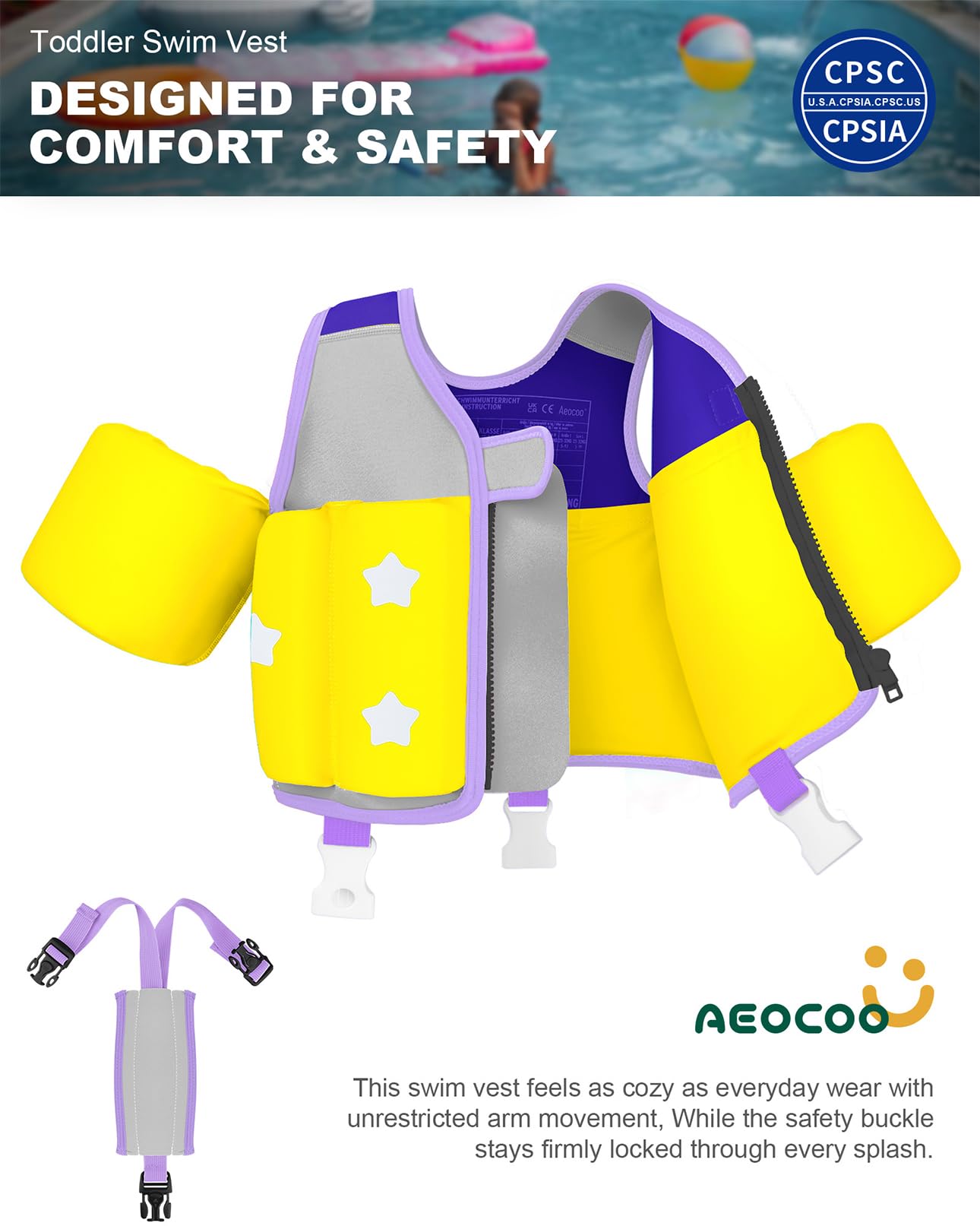 AEOCOO Kids Pool Floaties 1-2-3-5-7-9 Years Old, Toddler Swim Vest 20-30-50-70 Pounds, Comfortable Extended Wear Kids Float Jacket with Crotch Strap, Bright Design and Unpadded Sides, Purple
