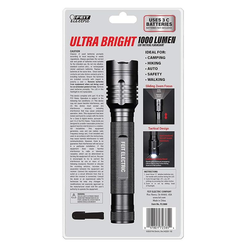 Feit Electric 1000 Lumen LED Tactical Flashlight - Aluminum, Zoomable, 8.1in, 3-C Batteries Included
