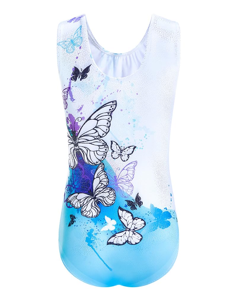 Domusgo Girls Leotards for Gymnastics Size 8-9 Years Old Set with Matching Shorts Glitter Blue Butterfly Tank