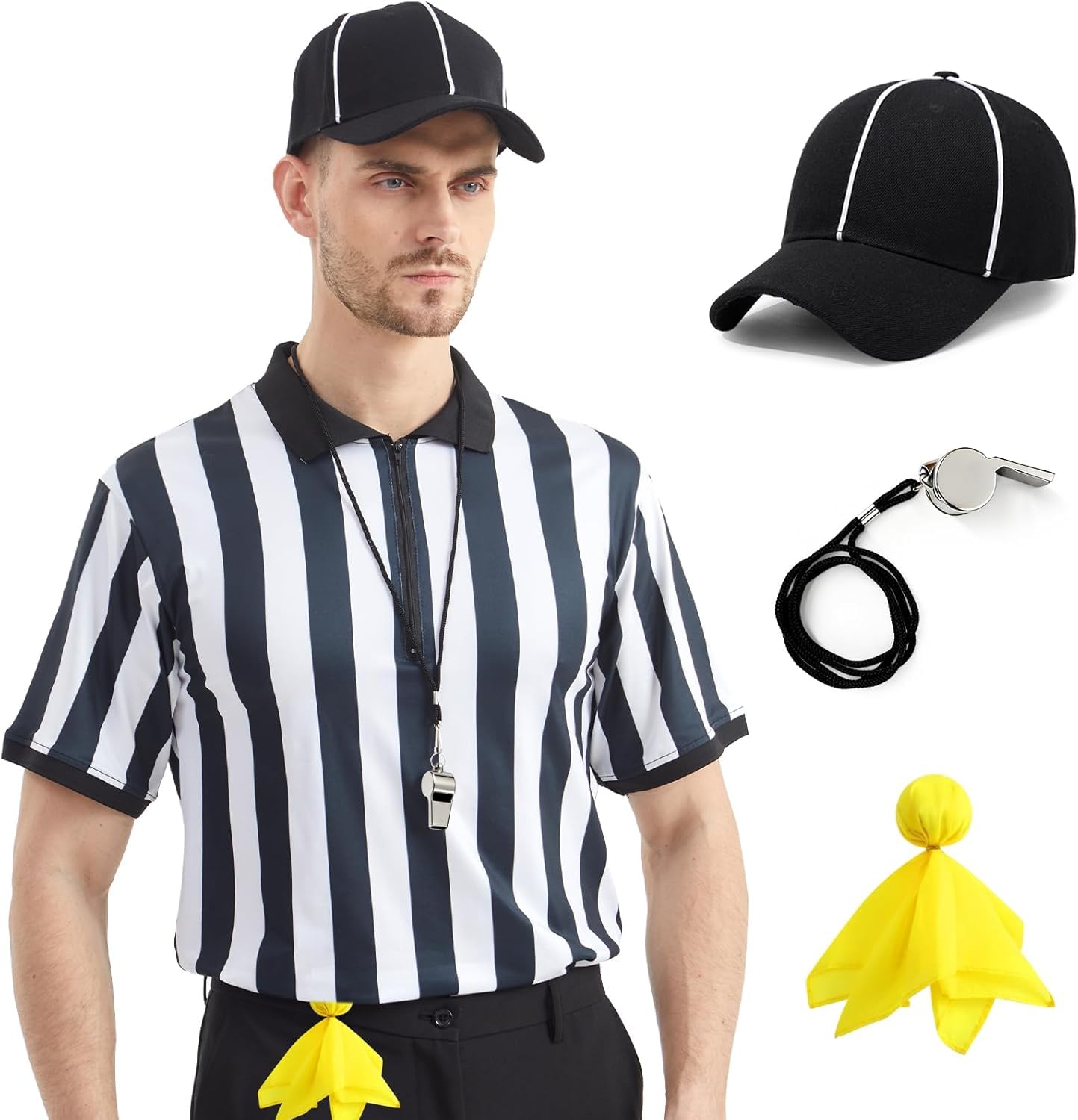 Referee Shirt for Men & Women, 4-Piece Ref Uniform Set with Zipper Collar, Whistle, Hat & Penally Flag for Football & Soccer (Large)