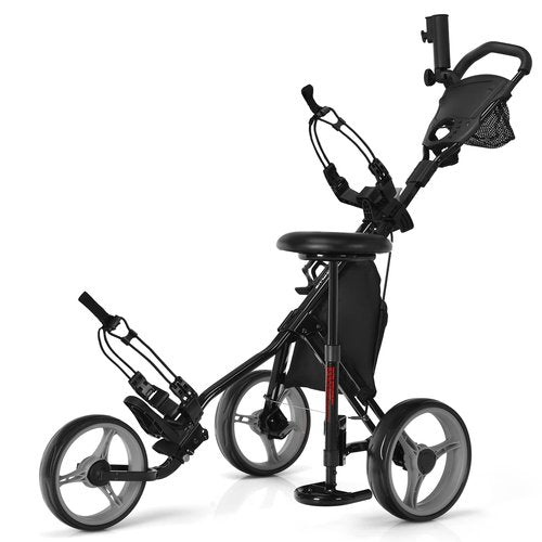 Tangkula Golf Push Pull Cart with Seat, Lightweight Foldable Collapsible 3 Wheels Push Cart, Golf Trolley with Foot Brake, Adjustable Umbrella Holder & Seat, 4 Height Position Handle
