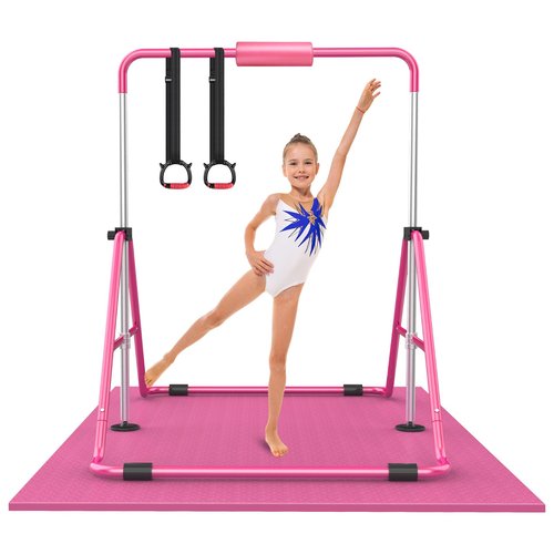Gymnastic Bars for Kids with Adjustable Height, Folding Gymnastic Training Kip Bar, Junior Expandable Horizontal Monkey Bar for Home (Pink_Mat)