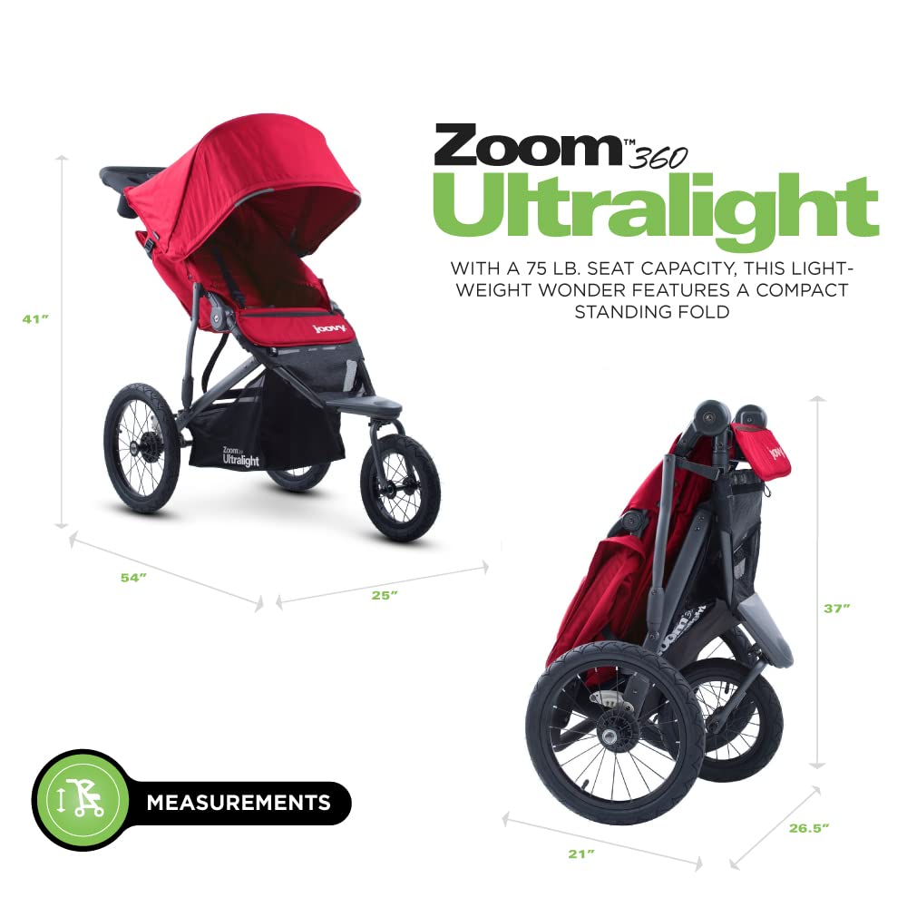 Joovy Zoom360 Ultralight Jogging Stroller Featuring High Child Seat, Shock-Absorbing Suspension, Extra-Large Air-Filled Tires, Parent Organizer, Air Pump, and Easy One-Hand Fold (Red)