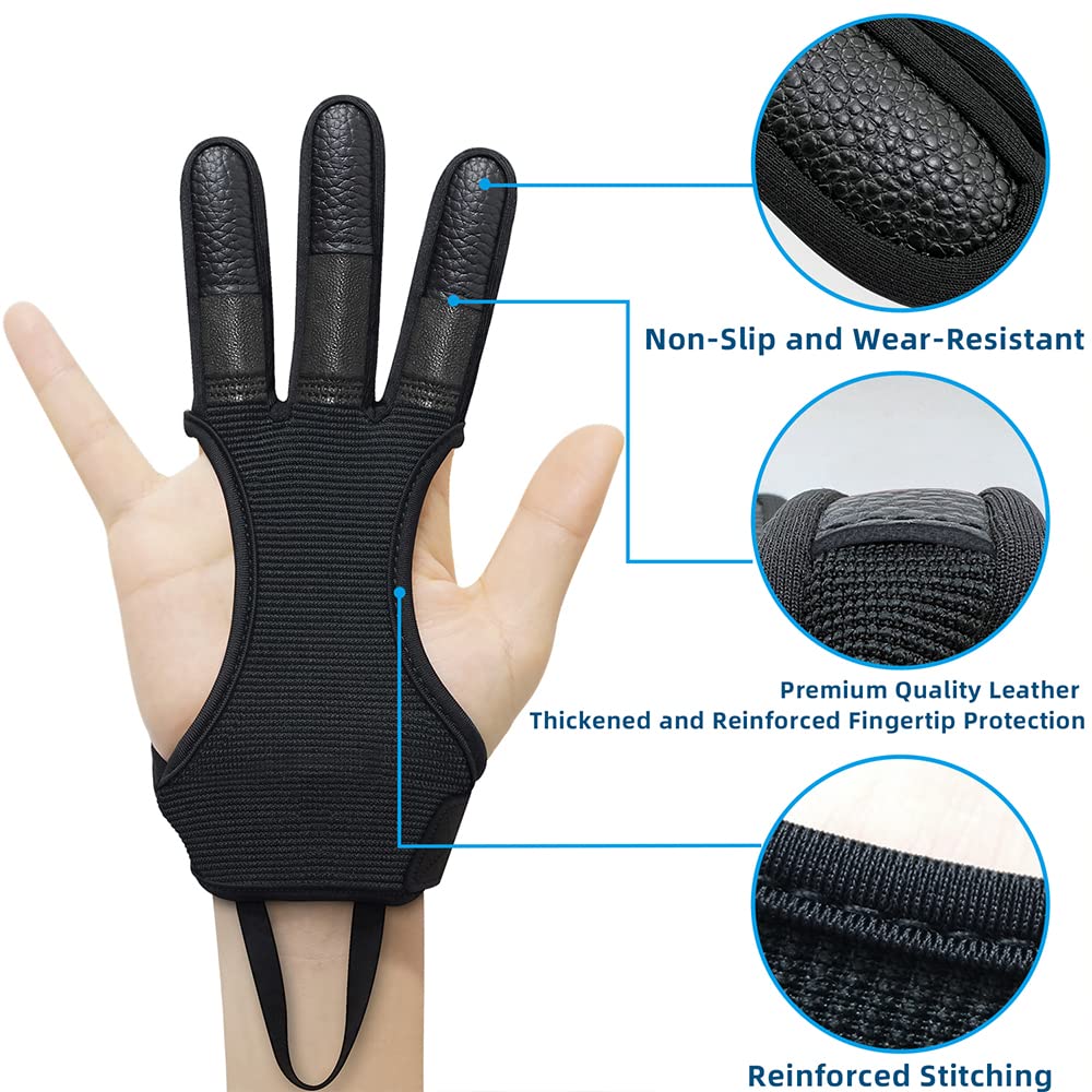 Seektop Archery Gloves Shooting Hunting Leather Three Finger Protector for Youth Adult Beginner (Update Black, L)