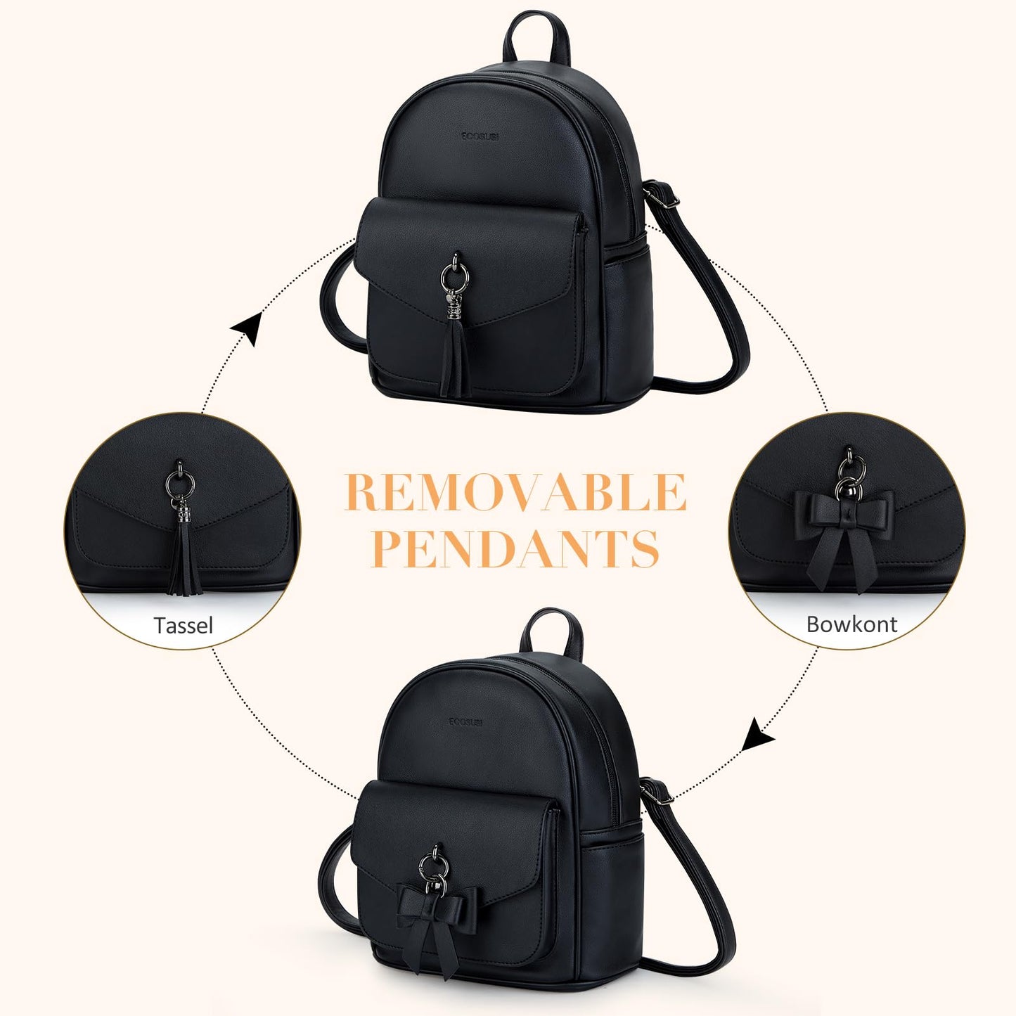 ECOSUSI Mini Backpack for Women Girls Cute Bowknot Small Backpack Purse Ladies Leather Bookbag Satchel Bag, with Charm Tassel Black