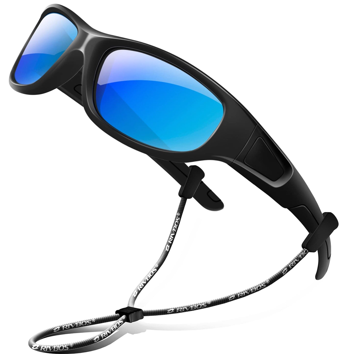 RIVBOS Kids Sunglasses Polarized UV Protection Flexible Rubber Glasses Shades with Strap for Boys Girls RBK037-Black Blue Iced Lens