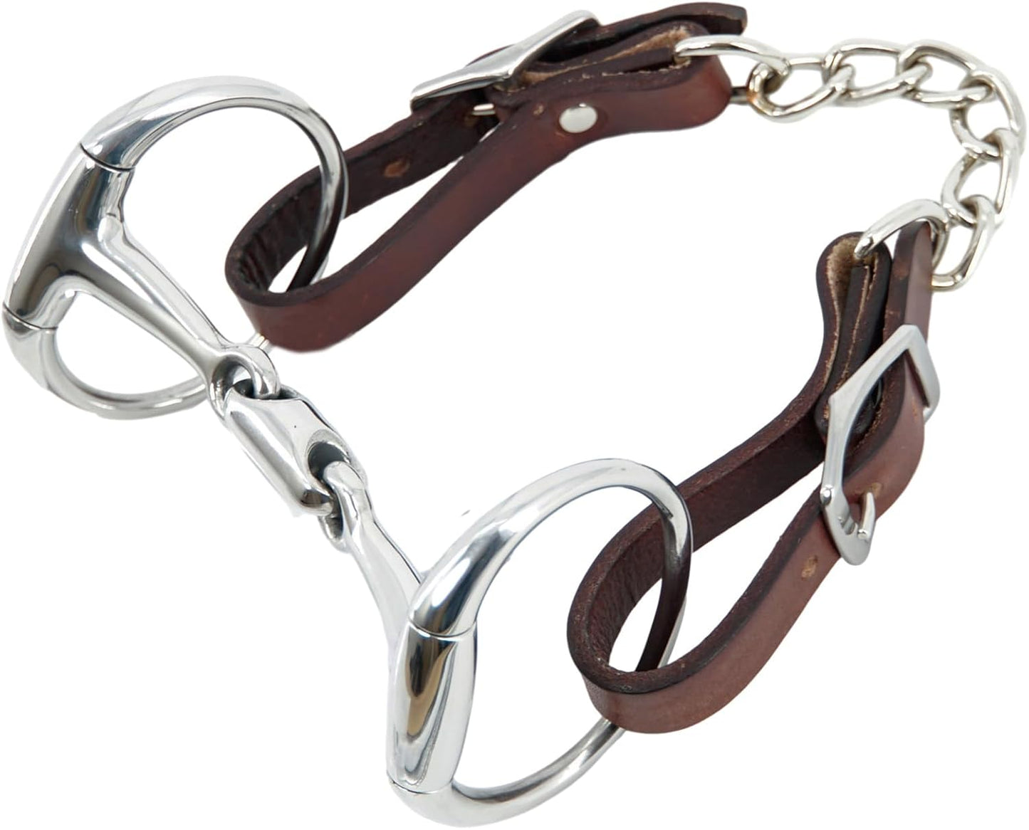 Jeereal Stainless Steel Western 5" Mouth Horse Eggbutt Bit with Leather Single Flat Link Chain Curb Strap,Double Jointed Mouth with Elliptical Link 2-3/4" Round Rings