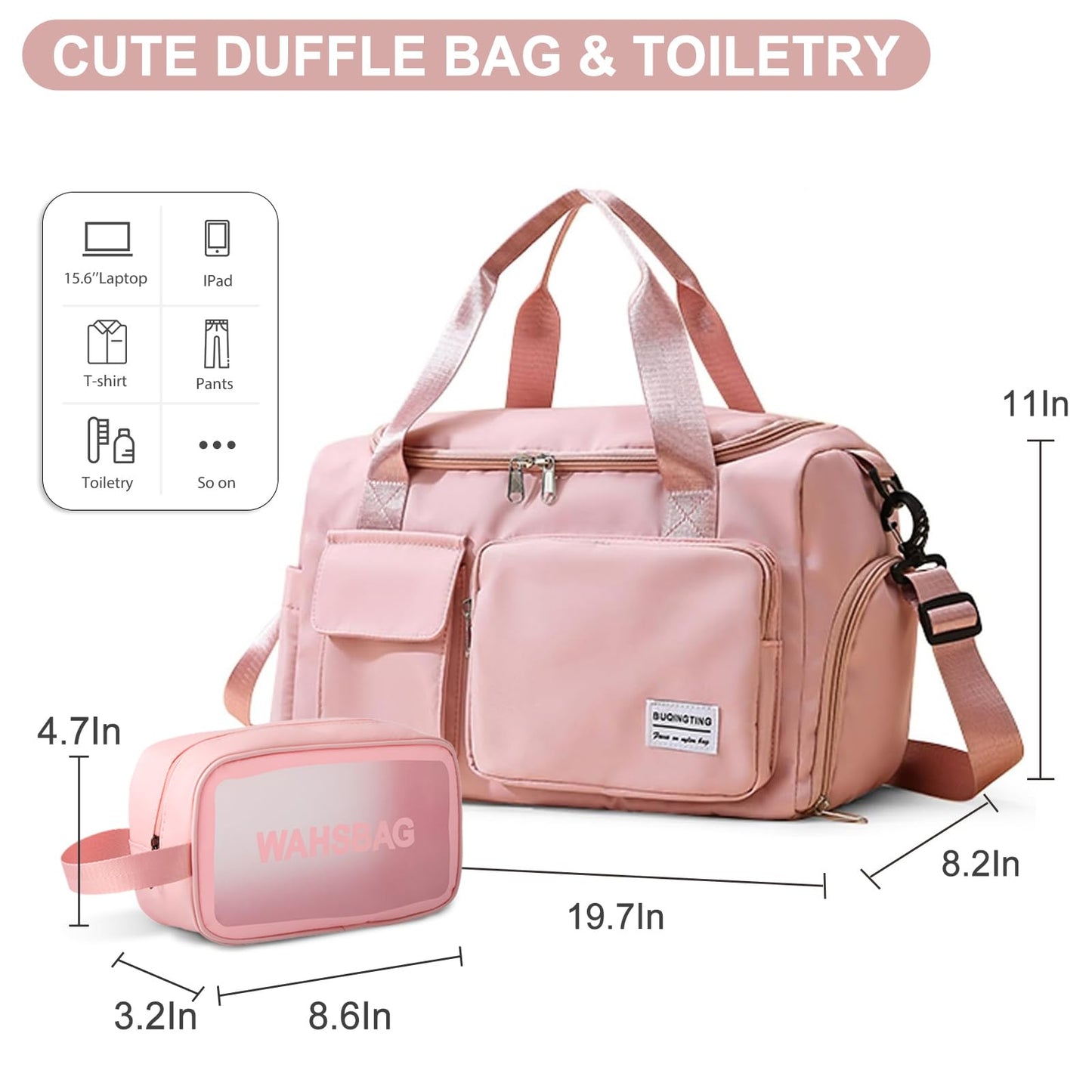 Pink Gym Bag for Women, Waterproof Travel Duffle Bag Carry On Weekender Bag with Shoe Compartment & Wet Pocket, Gym Tote Bag for Travel, Workout, Sport