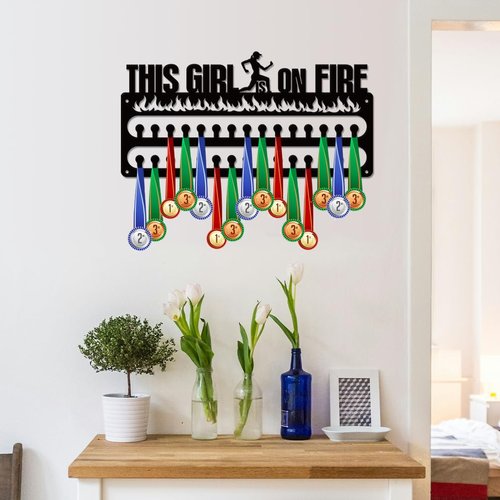 SUPERDANT Women's Running Medal Hanger Display This Girl is On Fire Medal Holder Wall Mount Running Medals Hanging 30 Hooks Matte Black Metal Awards Display Rack Gift for Runner