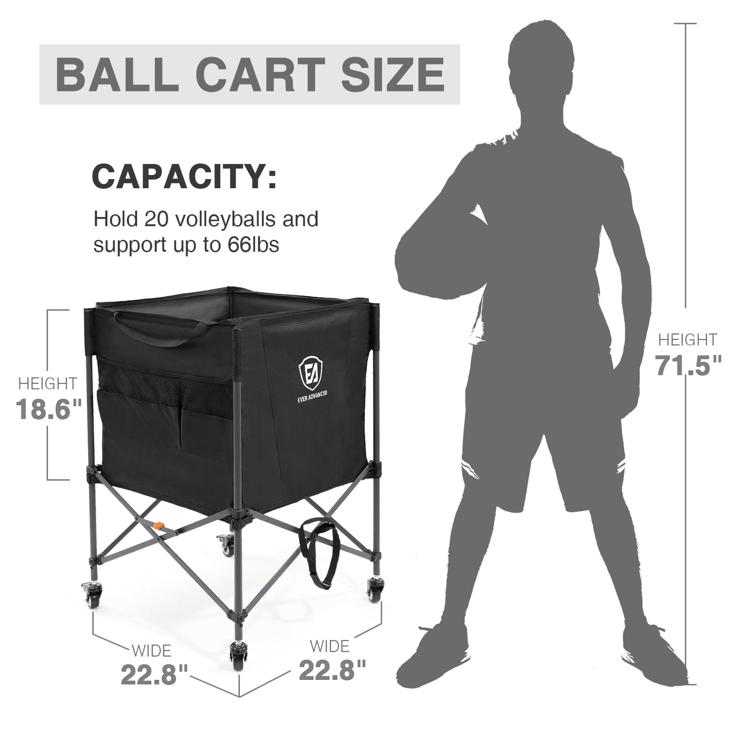 EVER ADVANCED Rolling Ball Storage Cart Lockable Wheels, 33x22.8in/45x25in Collapsible Garage Sports Equipment Organizer for Volleyball Basketball Tennis Toy Storage Multi-Sport Family Gym