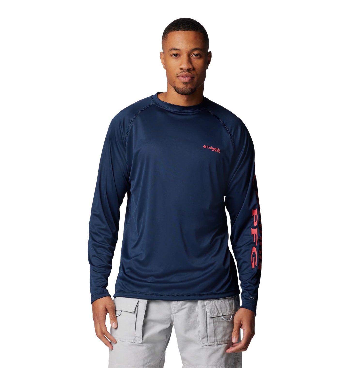 Columbia Men's PFG Terminal Tackle Long Sleeve Fishing Shirt, Collegiate Navy/Sunset Red Logo, 6X