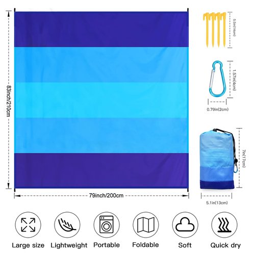 LinaLife Gradient Blue Sandproof Beach Blanket Oversized Sand Free Beach Mat Lightweight Outdoor Picnic Blanket Anchored with 4 corner sand pockets & Plastic Stakes Proof Quick Drying Compact