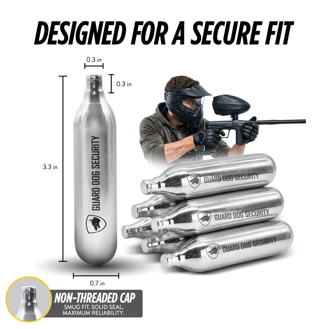 Guard Dog Security 12 Gram Co2 Cartridges, Non-Threaded, CO2 cartridges BB Gun, CO2 BB Pistol, CO2 Airsoft Pistol, and CO2 Paintball Markers, Snug fit, Solid Seal (Pack of 10)