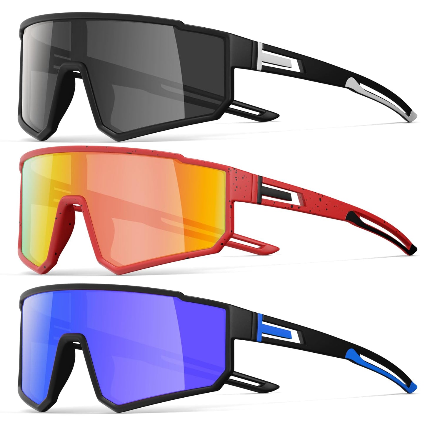 IKTOD 3 Pack Polarized Running Sunglasses for Women Mens Sunglasses UV Protection for Cycling Baseball Fishing (3 Pack-Black Gray/Red Red/Blue Black-W12)