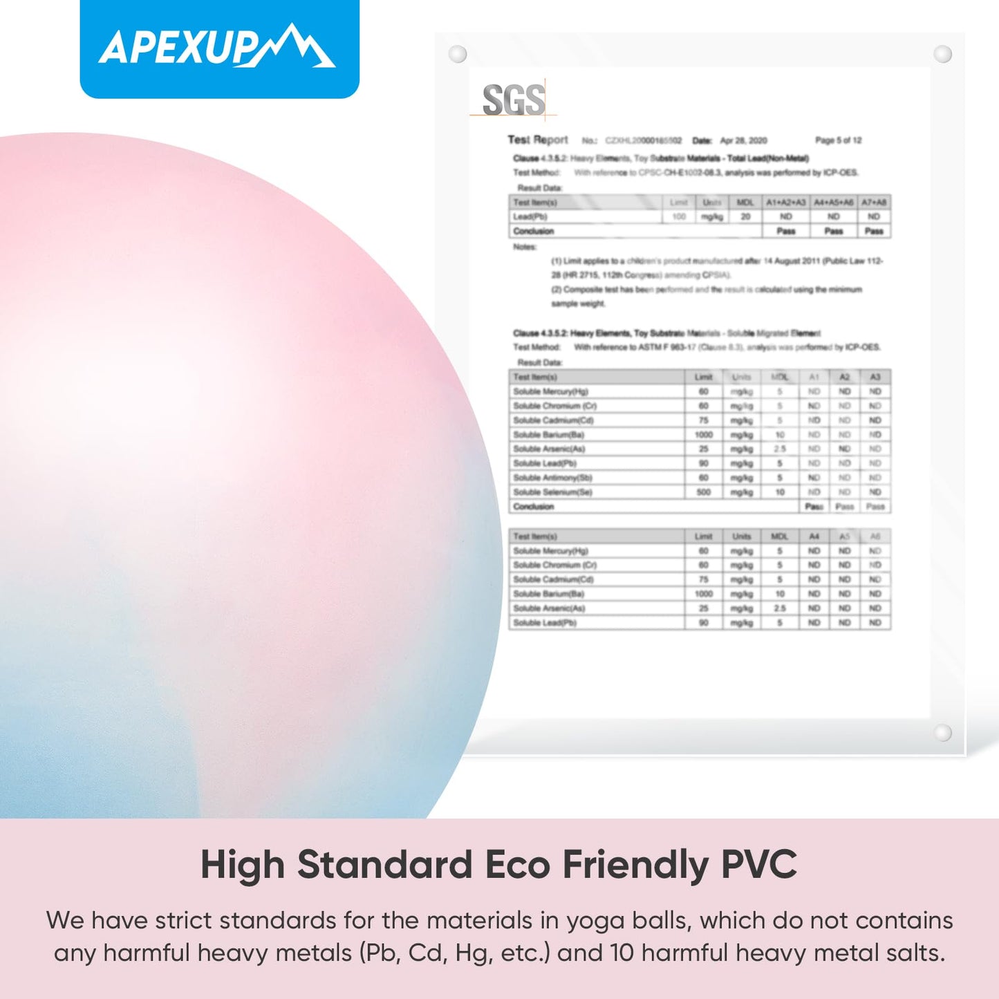 APEXUP Yoga Ball, 660 lbs Anti-Burst Exercise Ball with Pump, 5 Sizes (XL(27"~30") 75cm, Blue Pink)