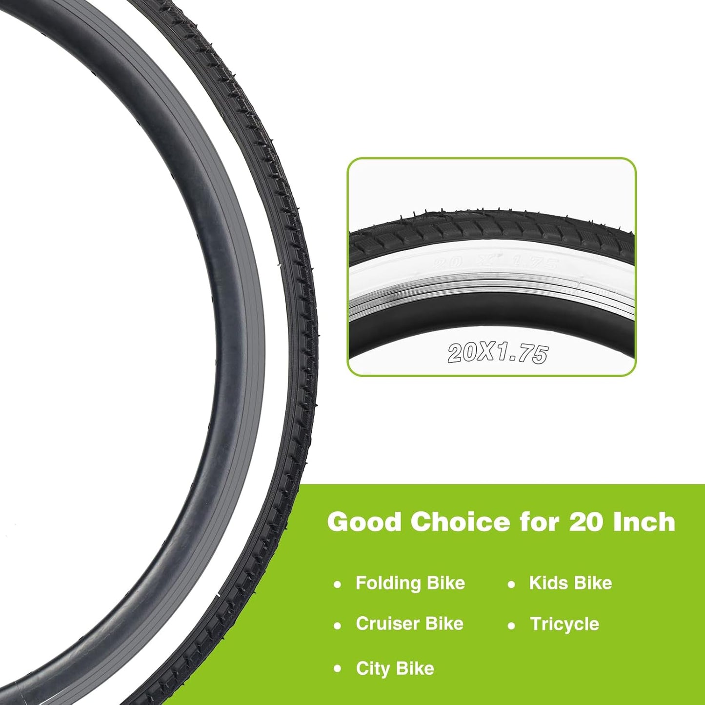 20/24 x 1.75 Inch Bike One/Two Pack Bicycle White Wall Side Black Tires Folding Bead Tires with/Without Inner Tubes Compatible with 20"/ 24" City Bike, Lady Bicycle, Cruiser Bikes, Tricycles