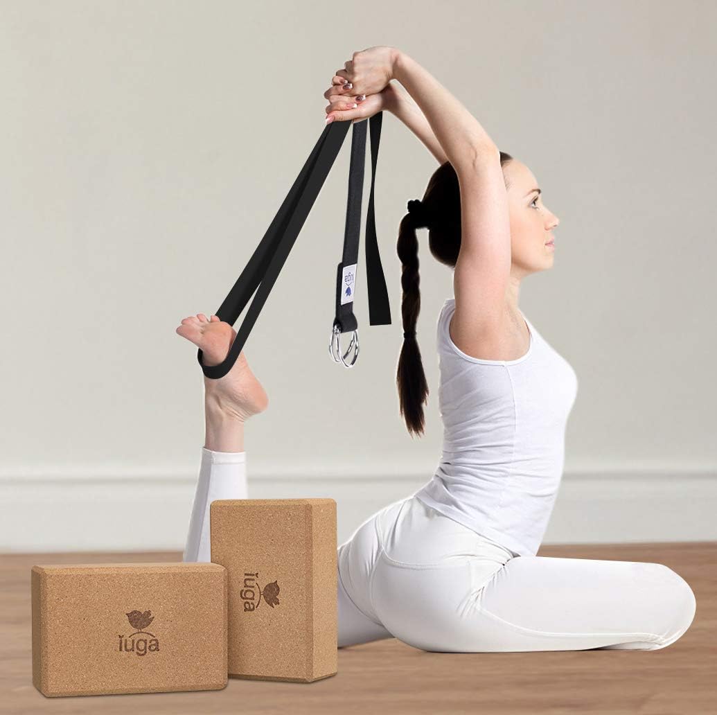 IUGA Yoga Blocks 2 Pack With Strap Non Slip High Density 9"x6"x3" Solid & Cork Yoga Block With Yoga Strap to Improve Strength Balance for Yoga Pilates Meditation