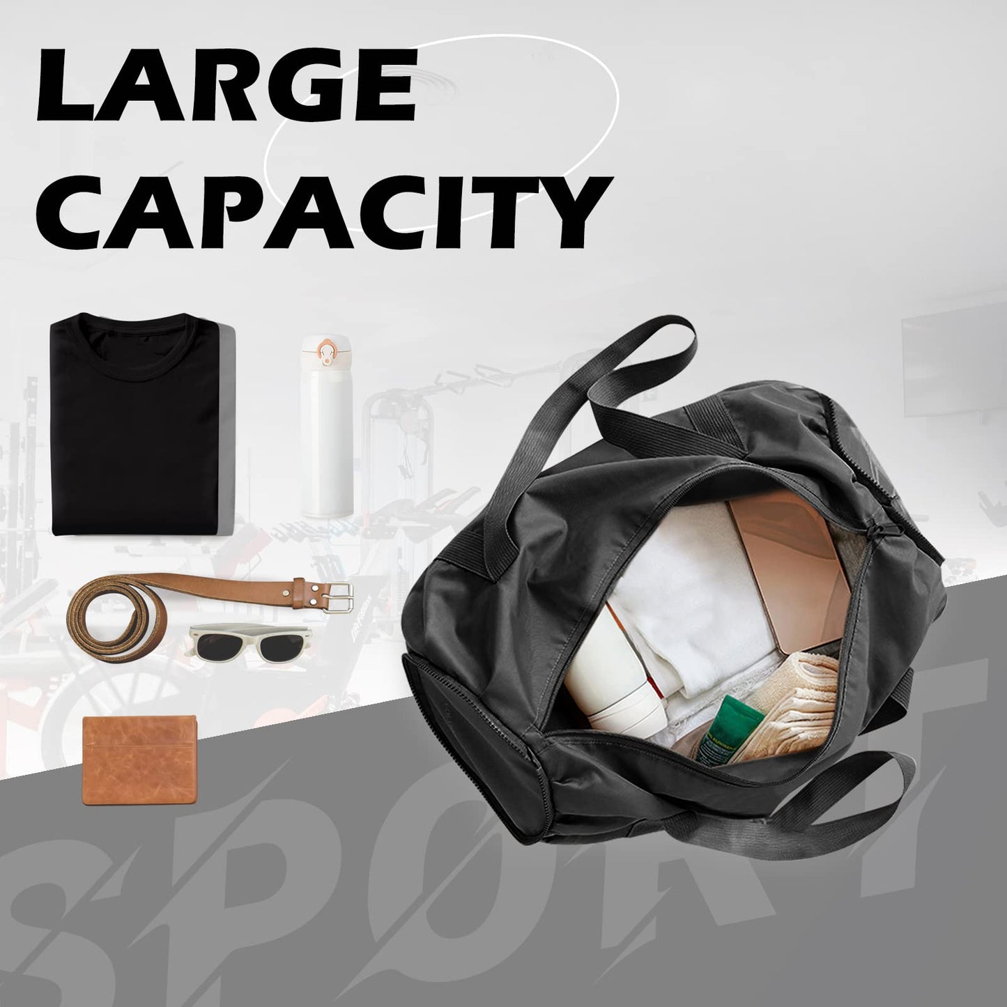 Foldable Sports Gym Duffel with Wet Dry Pocket, Ultralight Travel Carry on Bag, Overnight Weekender for Travel, Beach (Black)