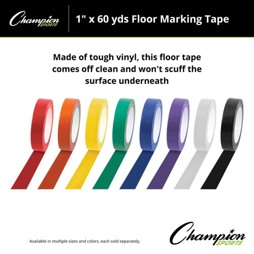 Champion Sports Vinyl Tape, 1” Wide x 60 yards Long, White - Durable Floor Marking Tape for Social Distancing, School, Gyms, Restaurants - Tough Floor Tape for Heavy Foot Traffic and Equipment
