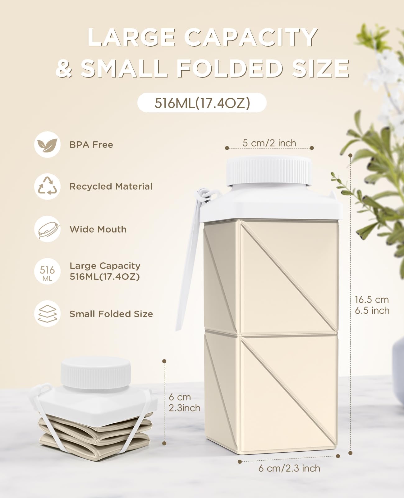 Mefold Collapsible Water Bottles 17.4oz(516ML), 2nd Generation Leakproof BPA-Free Travel Water Bottle,Lightweight Reusable Water bottle, Portable for Travel Cycling Gym Sports,Champagne White, 1 Pack