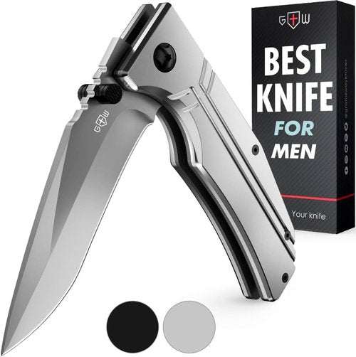 Pocket Knife for Men Women - 3.5" Sharp Folding Blade with Aluminum Handle Pocket Clip - Gray Stylish Knives for Camping Survival Work EDC - Birthday Gifts Ideas for Dad Husband Boyfriend 140106